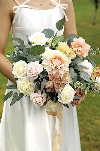 Koroni Flowers Nude Color Artificial Flowers Set - Fake Roses, Peonies, Dahlia, Silk Flowers with Stems for DIY Wedding Bo...