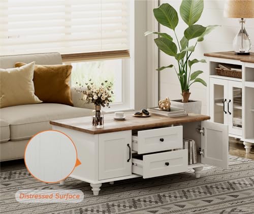 WAMPAT Modern Coffee Table with Storage Cabinet, White Coffee Tables for Living Room, Wood Rectangle Center Table with Dra...