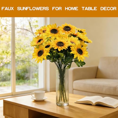 TURNMEON 28Pcs Sunflowers Artificial Flowers for Outdoors Spring Decor, 4 Pack Fake Flowers Silk Faux Sunflower Bouquet Ar...