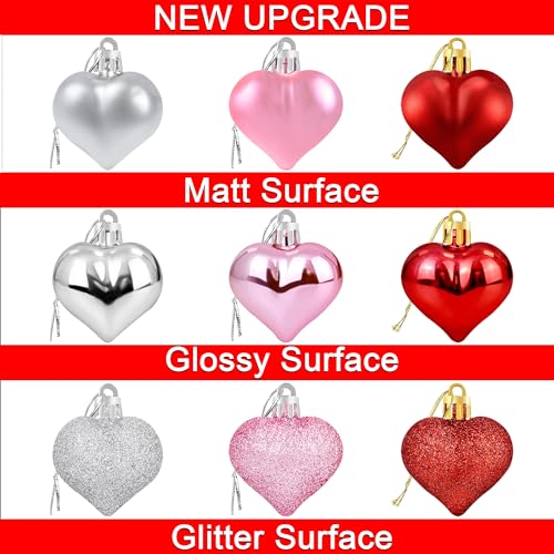 36Pcs Valentines Heart Shaped Ornaments - Valentines Heart Decorations - Red Pink Silver Glitter Heart Shaped Baubles - Ro...