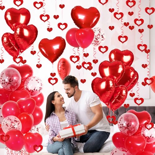 Red Heart Balloons Set, 30Pcs Heart Shaped Balloons and 50Pcs Red Hanging Streamer for Valentines Decorations, Proposal, W...