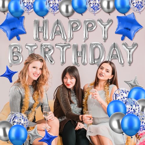 Blue Happy Birthday Balloons Decorations Royal Blue Silver Birthday Balloons Letters Banner 6 Pcs Star Balloons Blue Artif...