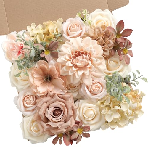 Koroni Flowers Nude Color Artificial Flowers Set - Fake Roses, Peonies, Dahlia, Silk Flowers with Stems for DIY Wedding Bo...