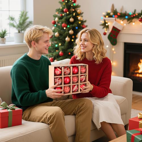 EveryMerry 12-Pack 3.1 Inch Christmas Ornaments Set - Red & Gold Ornament Balls with 5 Various Designs, Decorations with S...