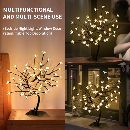 JoyHue 2PK Cherry Blossom Tree Lights,Artificial Bonsai Tree with 48 Warm White Led Lights, 16.2 Inch Prelit Cherry Blosso...