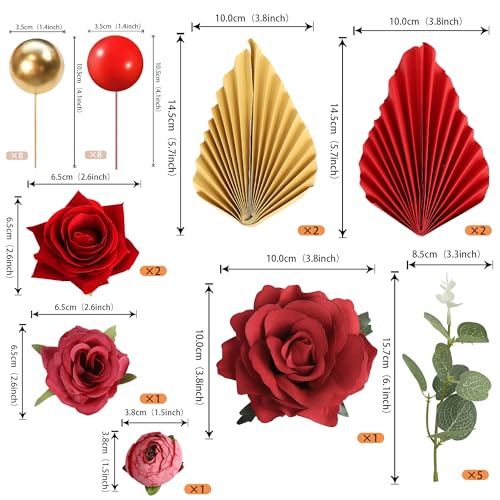 Rsstarxi 30 Pack Red Rose Flowers Cake Topper Artificial Flower Leaves Balloon Palm Fan Cake Pick DIY Valentine's Day Cake...