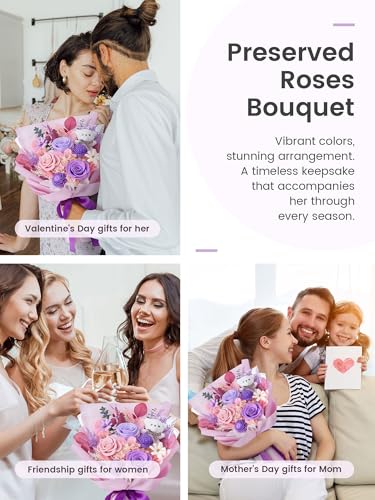 Polylove Preserved Flowers for Delivery Prime Forever Flowers Bouquet with Bear Flower Gift for Wife Women Birthday Mother...