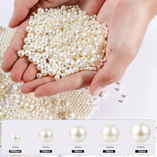 Hudinsun 1200 Pcs Pearl Beads for Jewelry Making, 5 Size Round Pearls for Bracelets Making Kit Small Pearl Filler Beads wi...