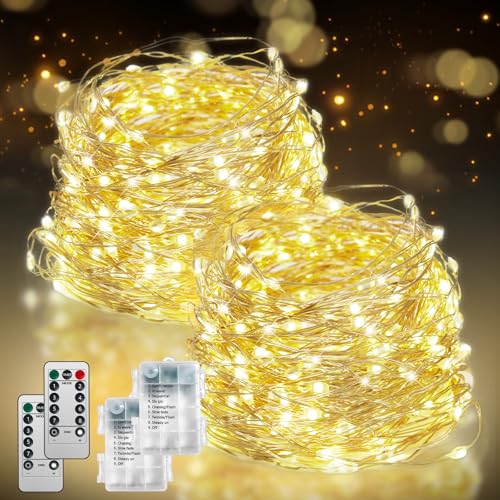 Flechllary 2Pack-400LED 134FT Fairy Lights Battery Operated with Remote，Waterproof String Lights for Indoor & Outdoor,8 Mo...