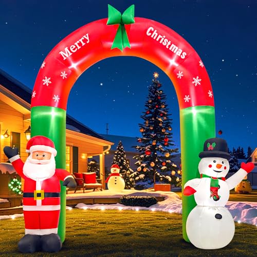 KOOY 8FT Christmas Inflatable Santa Snowman Arch Outdoor Decorations Blow up Yard Decoration,LED Lights for Christmas Part...