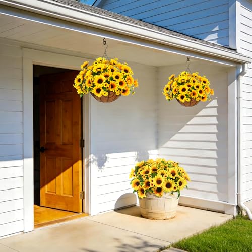 Homsunny Fake Sunflowers Artificial Flowers for Outdoor Decoration, 6 Pcs Faux Silk Sunflowers Realistic UV Resistant for ...