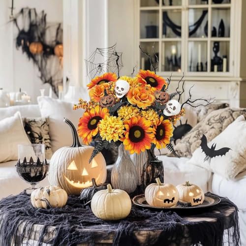 NAHUAA 2Pcs Fall Flowers Artificial Halloween Flowers 20Inch Fake Sunflowers with Silk Marigold Roses Skulls Decor for Hal...
