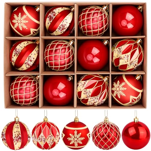 EveryMerry 12-Pack 3.1 Inch Christmas Ornaments Set - Red & Gold Ornament Balls with 5 Various Designs, Decorations with S...