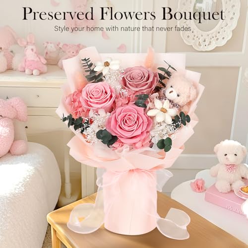Preserved Flowers Bouquet with Bear, 3 Real Forever Flowers for Delivery, Long-Lasting Pink Eteranl Roses Bouquet, Anniver...