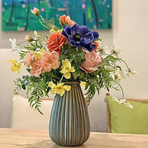 WAKISAKI Artificial Faux Flowers in Vase, Silk Flower Arrangement Artificial Floral Centerpiece, Table Centerpieces for Di...