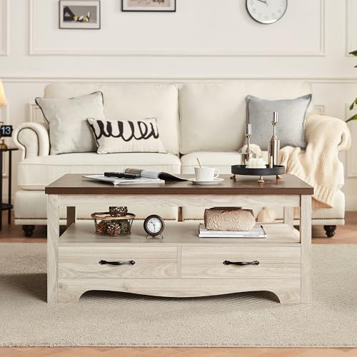 LINSY Farmhouse Coffee Table, Rectangle Coffee Table with Drawers, Rustic Wooden Coffee Tables with Storage, Center Table ...