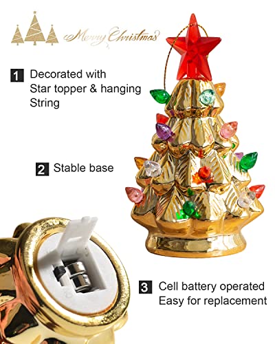 B SEPOR Set of 3 Mini 4.5" Inch Nostalgic LED Ceramic Christmas Tree with Lights Xmas Tree That Light Up Hanging Ornaments...