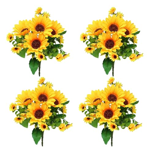 Amajoy 4 Bunches Artificial Sunflower Bouquet, Fake Silk Sunflower Flowers, Realistic Silk Sunflowers for Home Hotel DIY C...