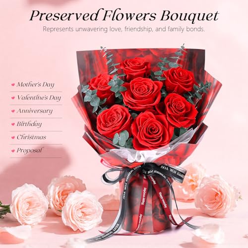 Preserved Flowers Bouquet 7 Roses - Red Real Rose & Flowers for Delivery, Eternal Roses Bouquet with Gift Box, Anniversary...