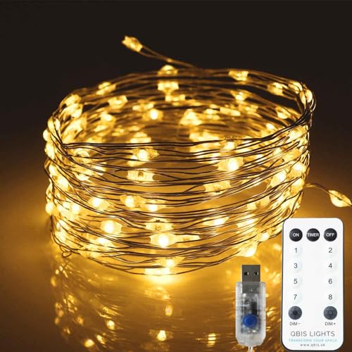 QBIS USB Christmas Lights, 100 Warm White LEDs, 16.5ft Lightging String with Remote, 8 Modes, Timer, 13ft Lead Wire, Indoo...