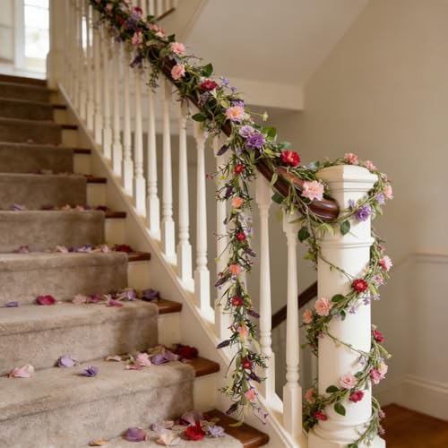 idyllic 6ft 2PCS Spring Pink Lavender Vine Garland Artificial Flower Decor for Front Door Mantel Table Stair Railing Windo...