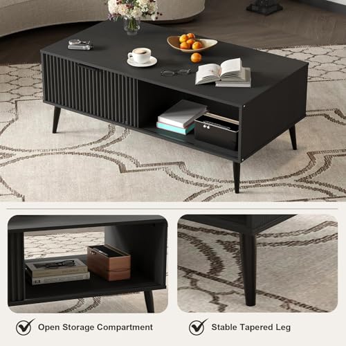 Modern Coffee Table with Storage, 2-Tier Wooden Cocktail Table, Mid Century Modern Coffee Tables with Wave-Style Sliding D...