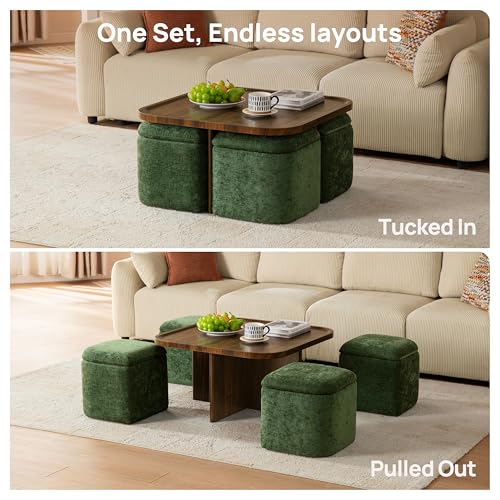 Square Coffee Table with Stools Underneath, Wood Ottoman Coffee Tables with 4 Chenille Storage Ottomans & Seats, Mid-Centu...