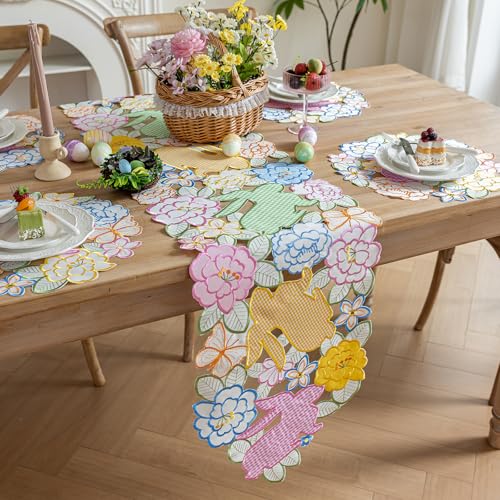 Joyfol Day Easter Checkered Bunny Table Runner, Cutwork Embroidered Plaid Rabbits Florals Table Runners, Spring Flowers Bu...