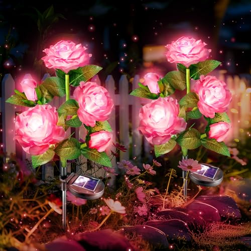 Anordsem Solar Garden Lights Outdoor: 10 Artificial Fabric Pink Roses Flowers 2 Pack- LED Flower Decorations for Cemetery ...