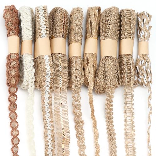 9 Rolls Jute Ribbons Lace Craft Ribbon, 18 Meters Vintage Burlap Ribbons for DIY Sewing, Rustic Wedding Decorations, Party...