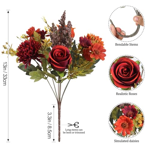 Dremisland Artificial Flowers Like Real Artificial Bouquet 2 Packs Silk Artificial Roses Bouquet with Daisy Chrysanthemum ...