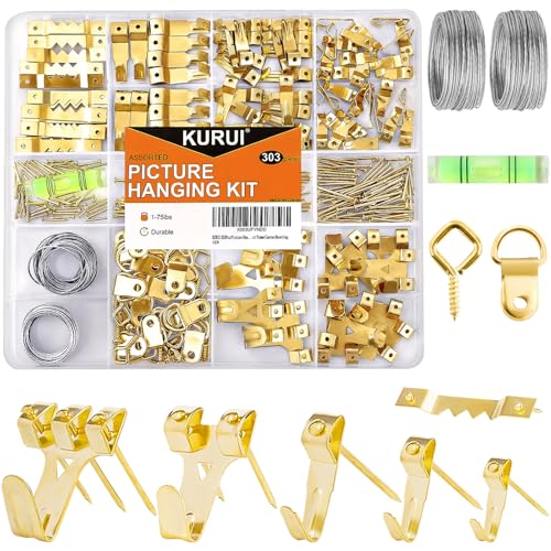 KURUI 303Pcs Picture Hanging Kit, Picture Hangers Assorted Kit with Heavy Duty Picture Hanging Hooks/Hardware Nails/Sawtoo...