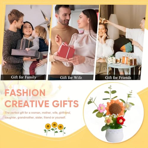 Crochet Flowers Artificial Sunflower Baby's Breath Knitted Eternal Potted Plants,Handmade Crocheted Puff Flowers Potted,Ha...