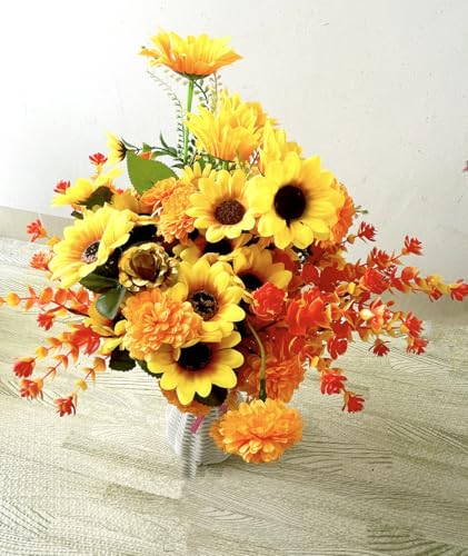 Aliotech 2 Bunches Yellow Sunflowers Artificial Flowers and 2 Bunches Artificial Marigold Flowers Chrysanthemum for Home D...