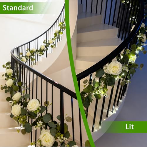 Solivya 2 Pack 5.9 FT Artificial Flower Garland with Lights, Fake Floral Garland with 12 White Roses, White Flower Decorat...