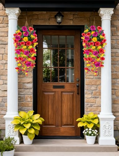 2 Pcs Fake Hibiscus Artificial Hanging Flowers, Mixed Colorful Silk Hibiscus Trailing Vines Spring Summer Long Red Yellow ...