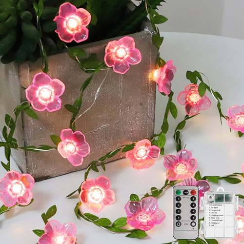 Cherry Blossom Decor Flower String Lights Vines with Fairy Lights Christmas, 30 LED Copper with Remote Control Battery Ope...