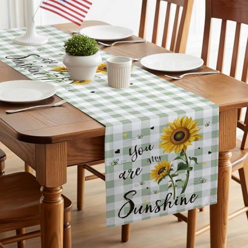 You are My Sunshine Table Runner 90 Inches Long, Vintage Yellow Sunflower Floral Bees Sage Green Plaid Table Runners Washa...