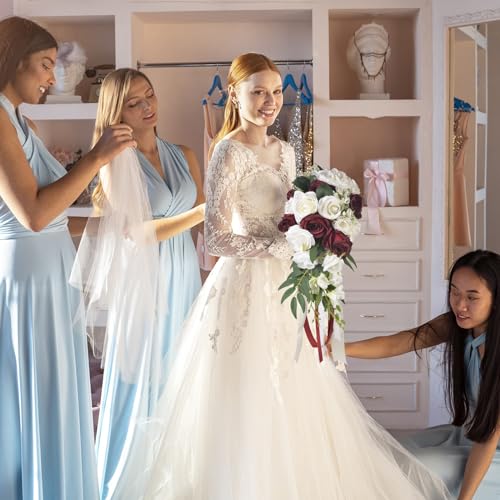 ChezMax Wedding Bridal Bouquet, Bride Artificial Rose Flowers with Ribbons, Bridesmaid Fake Flower Bunch 11.8 Inch, Tossin...