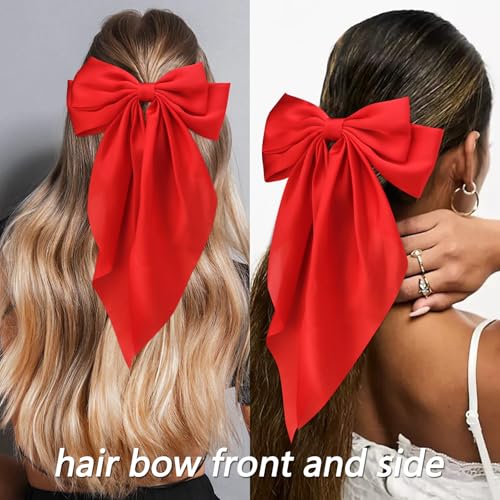 Velscrun Hair Bows for Women Girls Red Silky Satin Large Coquette Hair Bow Oversized Hair Ribbons Big Hair Bows Clip Long ...