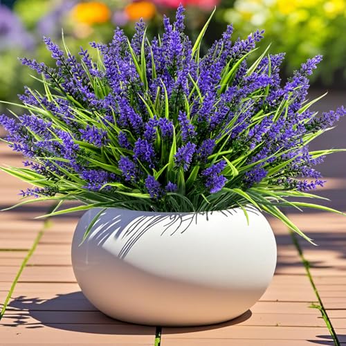 Geegoods Artificial Plants Flowers Outdoor – 24 Bundles UV Resistant Faux Lavender Flowers with Monkey Grass for Garden Po...