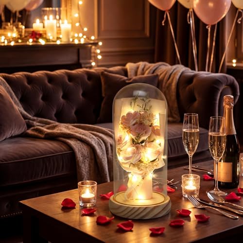 Dingion Valentines Day Preserved Flowers Gifts for Her Forever Fresh Rose Flowers Bouquet Gifts in Glass Dome LED Light Ro...