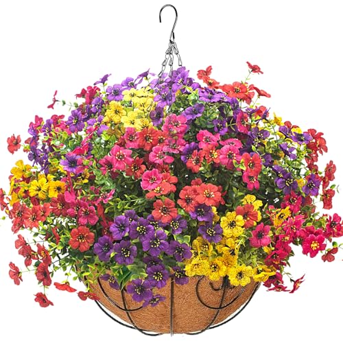 Grunyia Artificial Hanging Flowers Basket with Colorful Silk Daisies & Eucalyptus - UV/Sun-Resistant Plant for Outdoor Por...