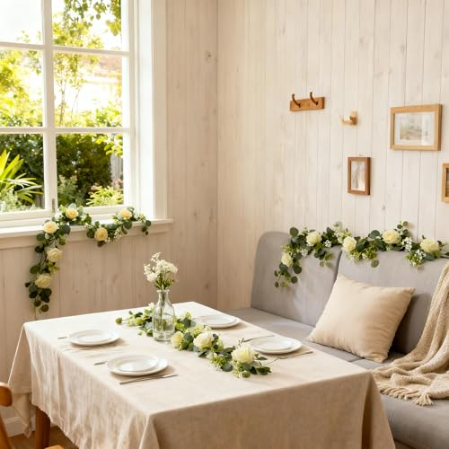 Solivya 2 Pack 5.9 FT Artificial Flower Garland with Lights, Fake Floral Garland with 12 Roses, White Flower Decorations f...