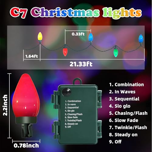 HGJ C7 60 LED Battery Operated Christmas Lights,Battery Powered Multicolor Waterproof Bulbs,21.3 FT 8 Modes with Auto On/O...