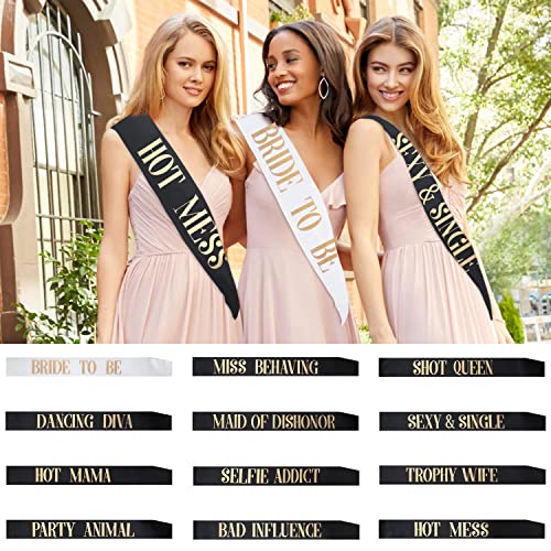 Snsowed 12 Pack- Bachelorette Party Bride To Be Sash- Unique Bride Bridesmaid Sashes for Bachelorette Party (Black, Rose G...
