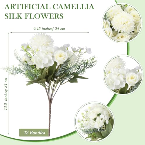 Tigeen 12 Bundles Rose Artificial Flowers Artificial Rose Silk Faux Flowers Fake Silk Hydrangea Bouquet for Tables Vase We...