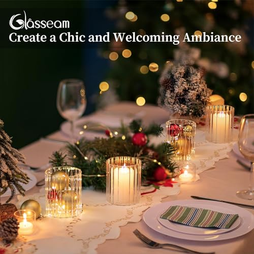 Glasseam Glass Cylinder Vases for Centerpieces: Clear Ribbed Flower Vases for Pillar Candle - 6Pcs Modern Hurricane Floati...