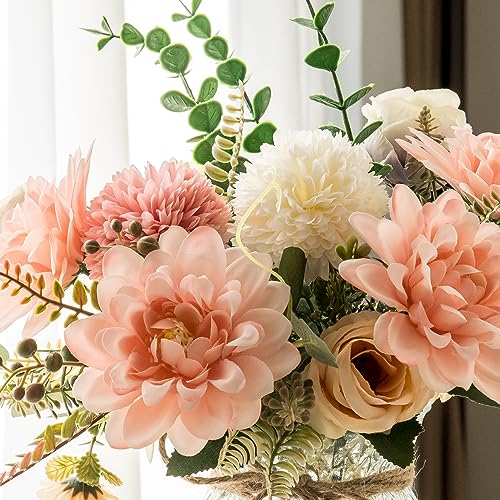 Aubcee Fake Flowers with Vase,Faux Flowers in Vase for Home Decor,Silk Pink Dahlia Artificial Flowers with Vase for Coffee...