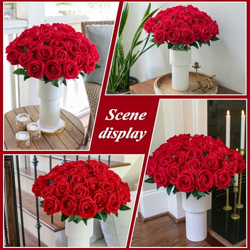 HyeFlora 50 PCS Red Roses Artificial Flowers, Fake Roses with Stems Realistic Silk Roses for DIY Wedding Bouquets Tables C...